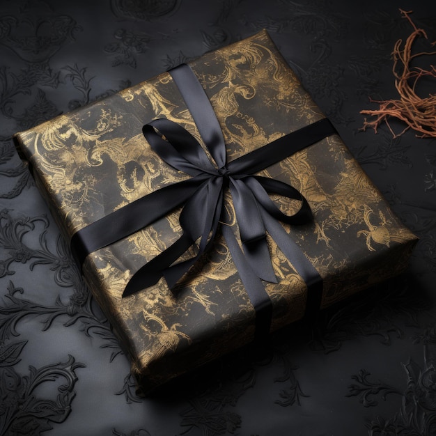 Black and gold gift box with a black ribbon