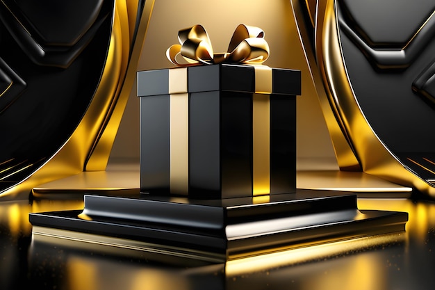 black and gold gift box with podium in center 3d illustration futurististic ai generated