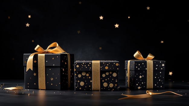 Black and gold gift boxes on black background Black Friday Banner