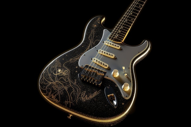 A black and gold guitar with a black background and the word guitar on it.