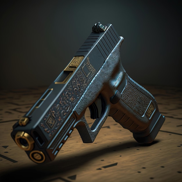 A black and gold gun with the word " n " on it.