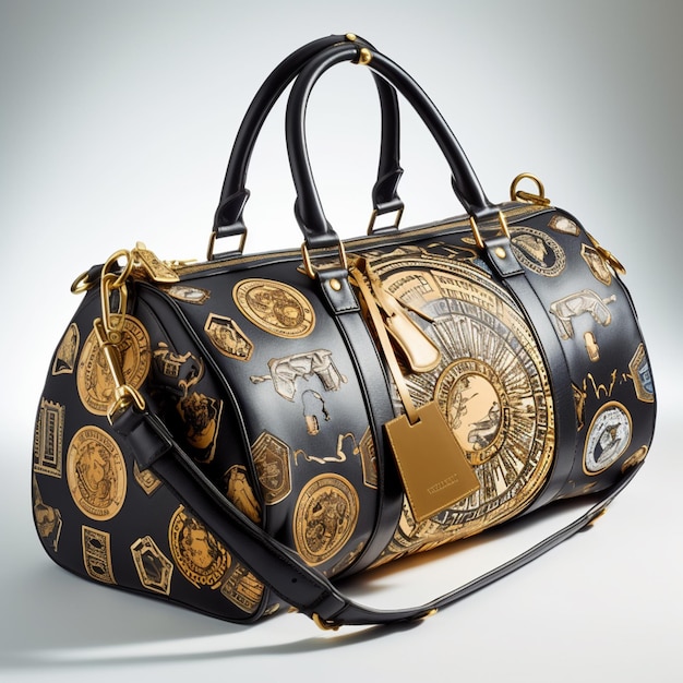 A black and gold handbag with the word g on it.