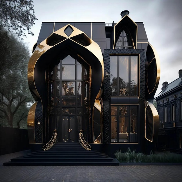 Photo a black and gold house with a large window and a balcony.