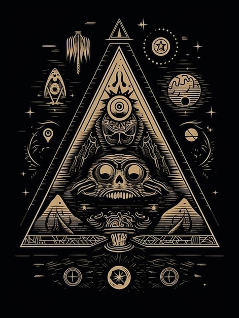 a black and gold illustration of a pyramid with a skull and other items generative ai