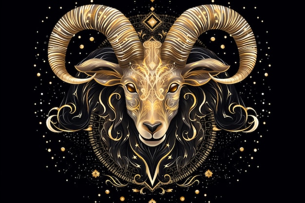 A black and gold illustration of a ram with a gold frame and gold accents.