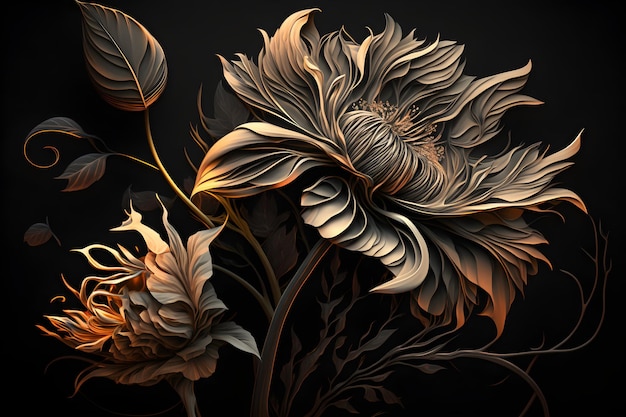 A black and gold image of flowers with the words " gold " on the bottom.
