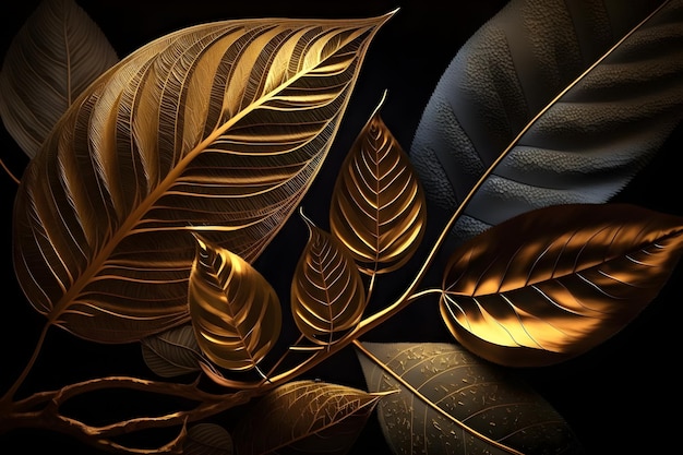 A black and gold image of gold leaves and a black background.