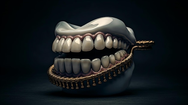 A black and gold image of a mouth with a chain around it that says'teeth '