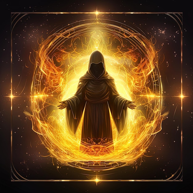 Photo a black and gold image of a person with a fire symbol in the center