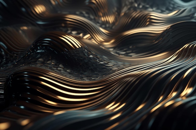 A black and gold image of waves with the light coming through it.