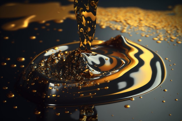 A black and gold liquid is poured into a black surface.