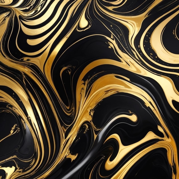 黒と金の液体大理石のタイルは、金色の線とスプラッシュ ペイントで背景を抽象化します。