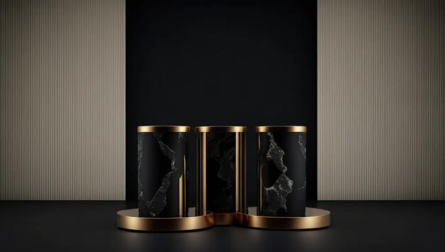 A black and gold marble canister with a black base and a black background.