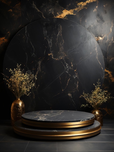 Black and gold marble cylinder shape of product displayluxury podium pedestal stand Generative ai