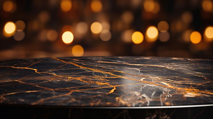 Photo black and gold marble table with bokeh light background product placement concept