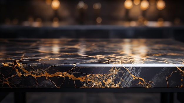 Black and Gold Marble Table with Bokeh Light Background Product Placement Concept