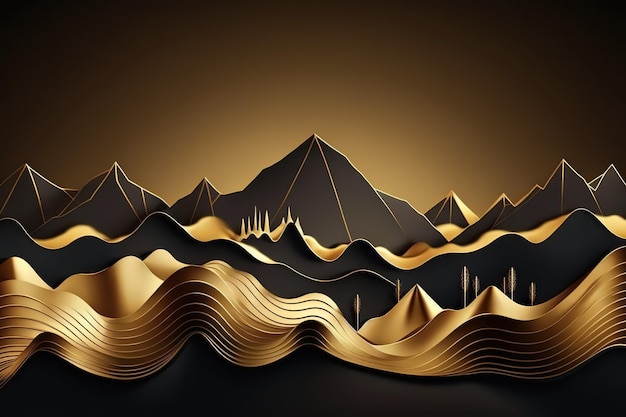 Черные и золотые горные вершины на темном фоне Красивый минималистичный принт для вашего декора для открытки с поздравлением и постером Generative AI
