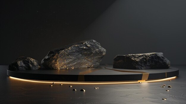 A black and gold of a nature marble platform surrounded by rocks with dramatic lighting