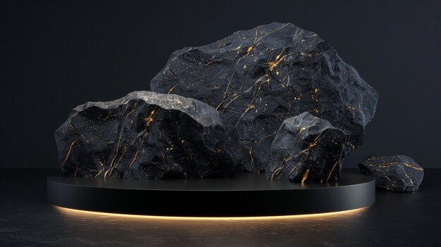 A black and gold of a nature marble platform surrounded by rocks with dramatic lighting