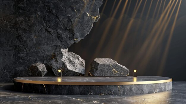A black and gold of a nature marble platform surrounded by rocks with dramatic lighting