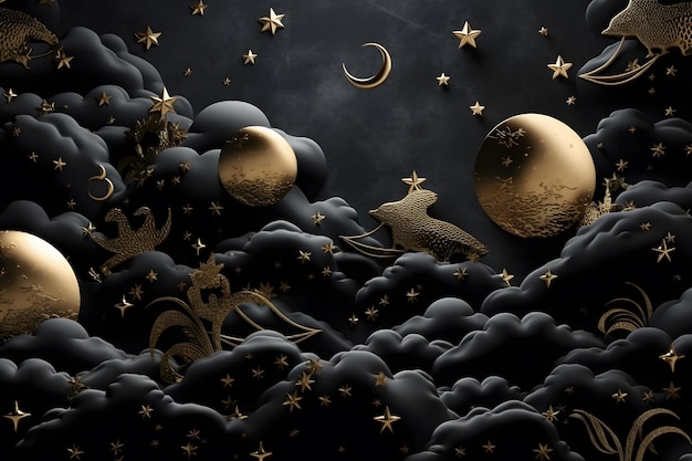 Черно-золотая иллюстрация ночного неба с луной и облаками Сгенерированная нейронная сеть AI