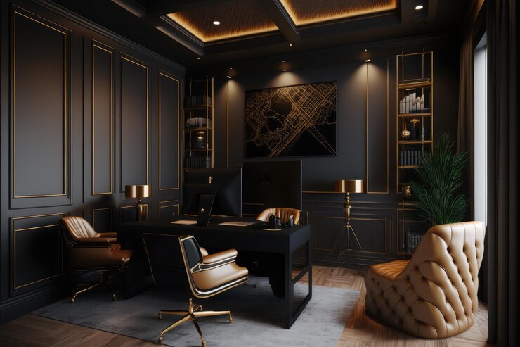 Photo a black and gold office with a leather chair and a desk with a lamp, generative ai