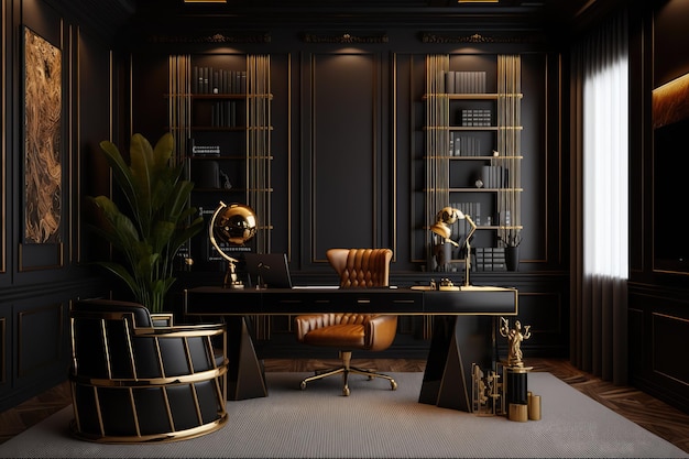 A black and gold office with a leather chair and a desk with a lamp, generative ai