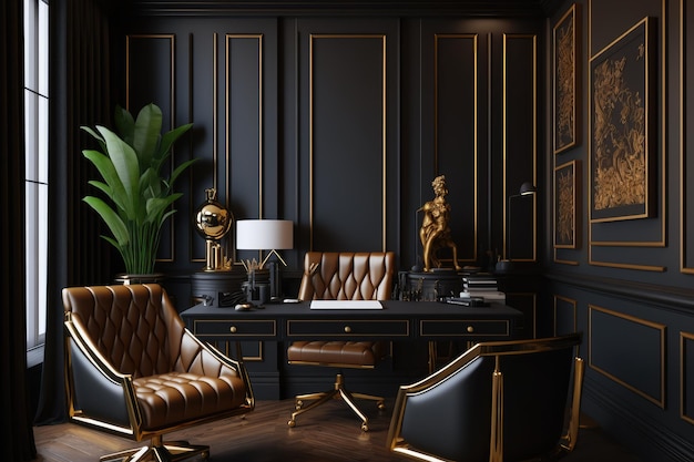 A black and gold office with a leather chair and a desk with a lamp, generative ai