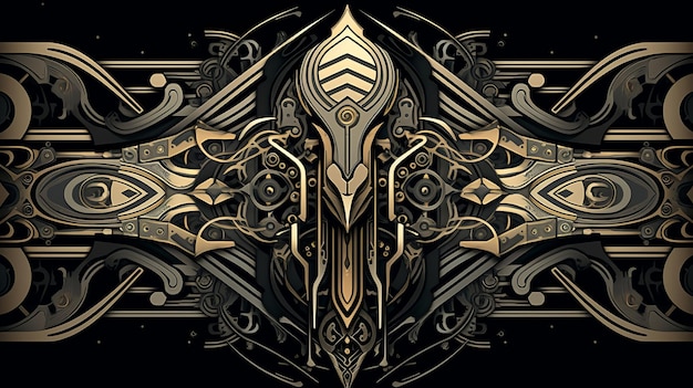 A black and gold ornate design on a black background