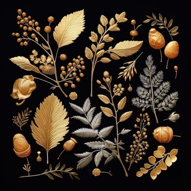 Photo a black and gold painting of plants and flowers