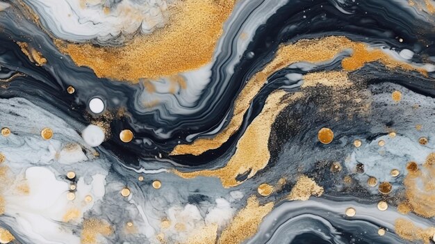 A black and gold painting with gold and white swirls.