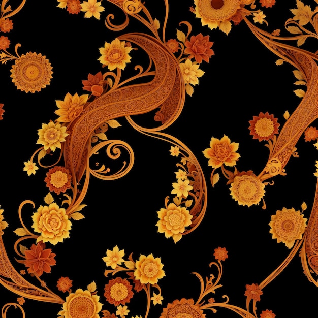 A black and gold pattern with flowers and vines.