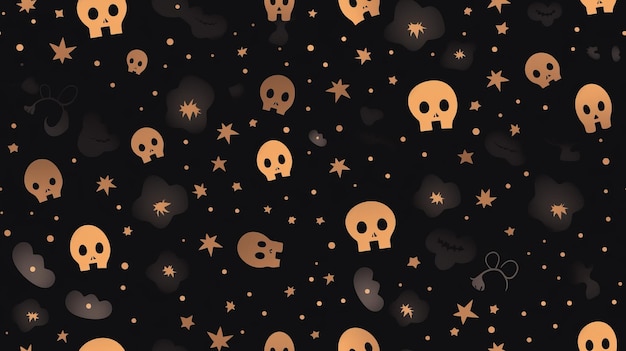 a black and gold pattern with skulls and stars