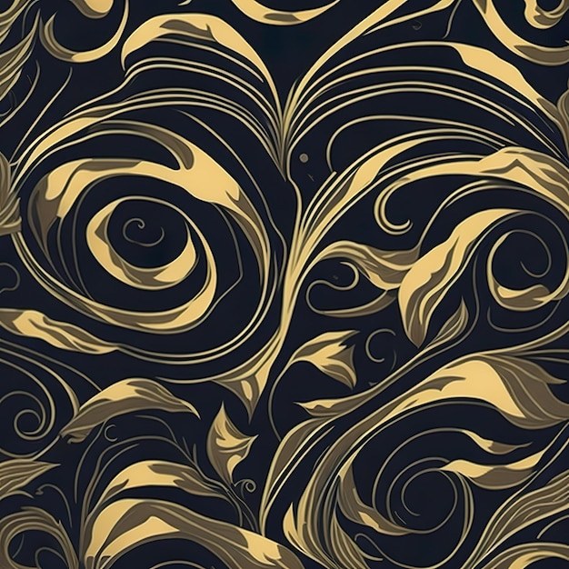 A black and gold pattern with swirls and flowers.