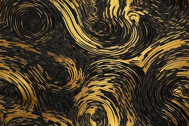 A black and gold pattern with swirls and lines in the middle.