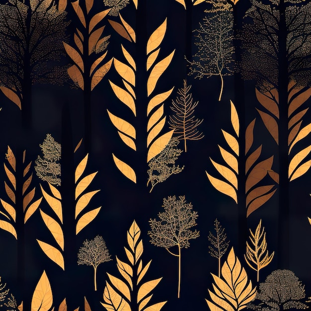 A black and gold pattern with trees and leaves.