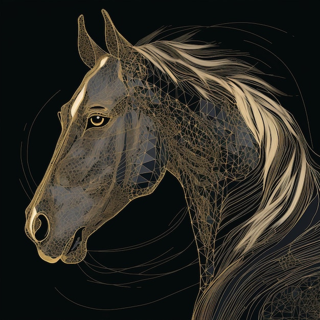 A black and gold picture of a horse with a long mane