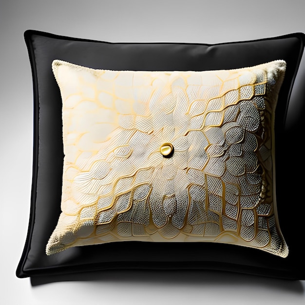 A black and gold pillow with a silver pearl on it.