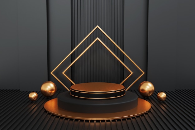 Black and gold podium on black, geometry podium shape for display product