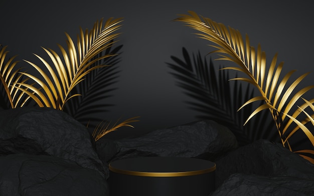 Black and gold podium with rock and palm composition 3d render