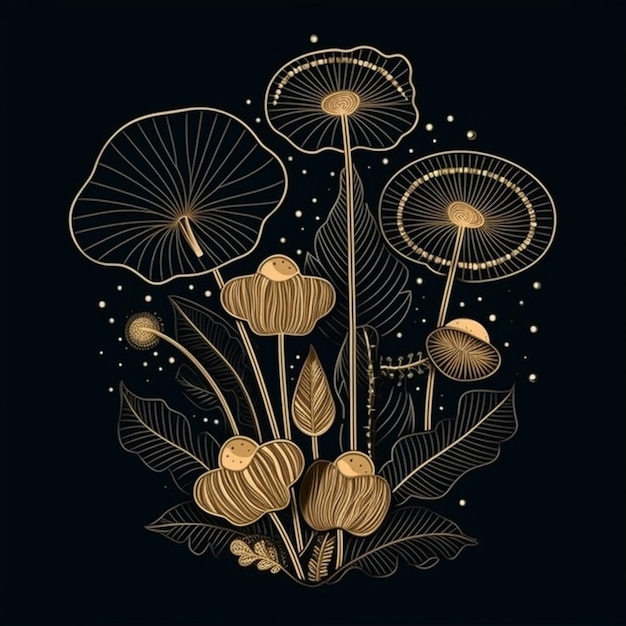 A black and gold poster with a bunch of mushrooms generative ai