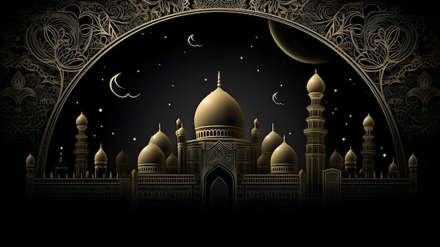 A black and gold poster with a mosque in the middle