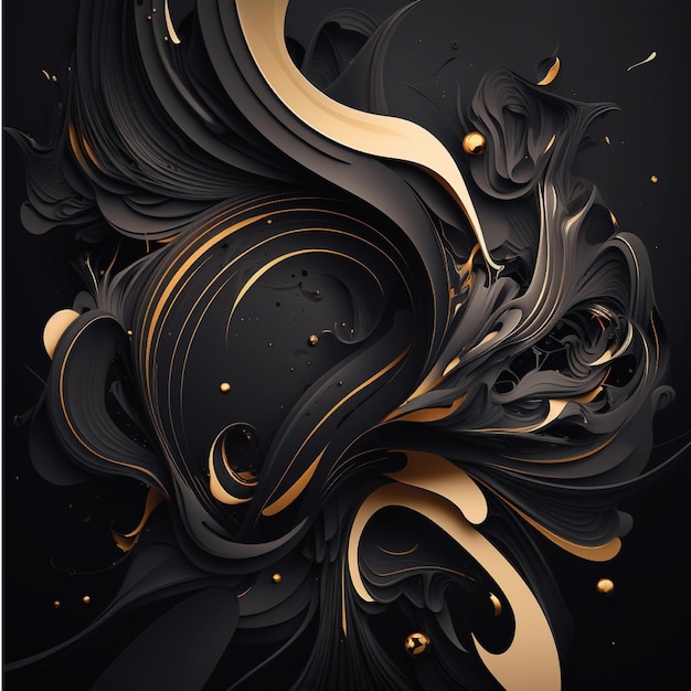 A black and gold poster with a swirl design in the middle.