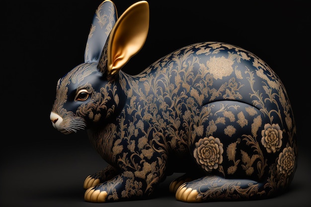 A black and gold rabbit statue with a gold pattern on the back.