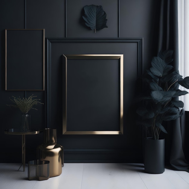 A black and gold room with a black wall and a picture on the wall.