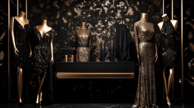 A black and gold room with gold mannequins and a piano.