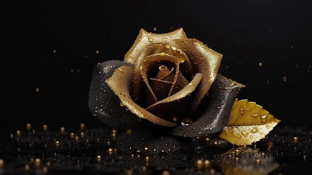 A black and gold rose with water drops on itgenerative ai