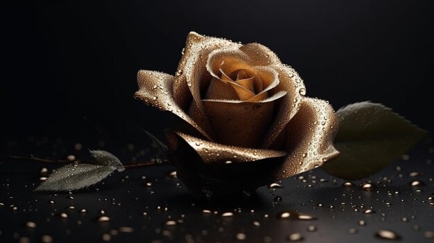 A black and gold rose with water drops on itgenerative ai