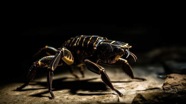 A black and gold scorpion is on a rock in the dark.