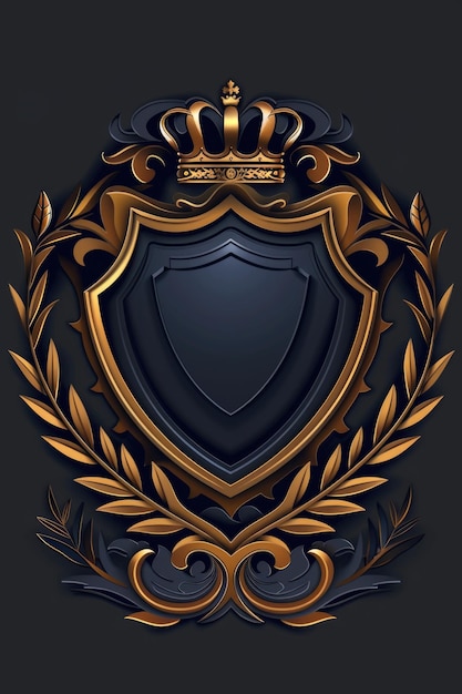 A black and gold shield with a crown on top Suitable for royal and majestic themed designs